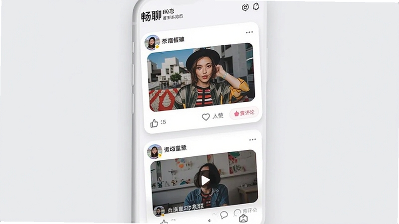 畅聊live动态广场界面预览图,图片展示手机APP内动态信息流页面,包含用户发布的照片、短视频卡片以及点赞评论按钮,界面设计简洁时尚,背景为浅灰色,卡片有圆角阴影,色彩明快
