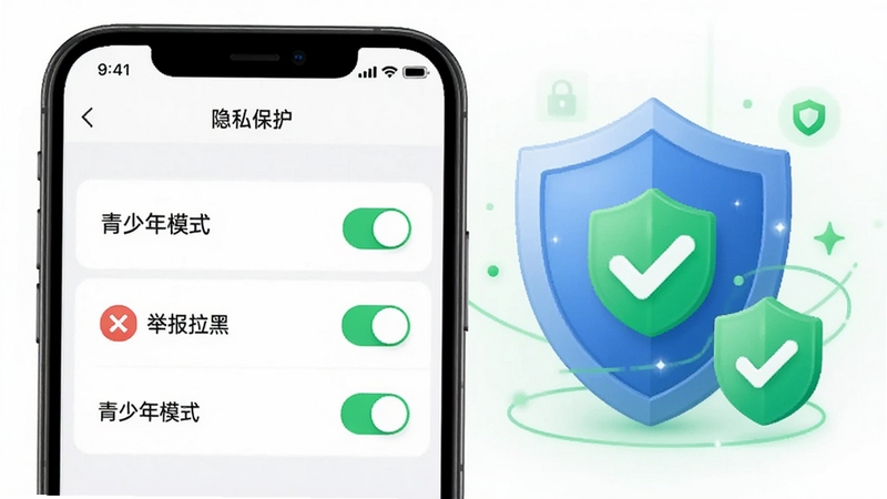 畅聊live安全防护功能示意图,画面展示手机设置界面,包含“隐私保护”、“举报拉黑”、“青少年模式”等开关,背景为盾牌图标与绿色安全标识,整体风格简洁清晰,突出安全感