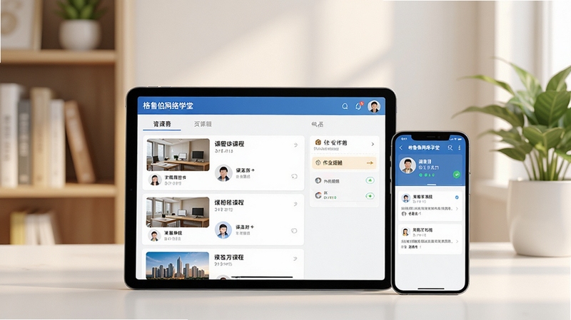 一张展示格鲁伯网络学堂主界面的高清预览图,画面中央是平板电脑和手机并排摆放,屏幕中清晰显示课程列表与作业提醒界面,背景为简洁明亮的书房环境,有书架和绿植点缀,整体风格温馨且具有现代教育科技感,画质细腻,光线柔和,突出软件在多种设备上的适配性。