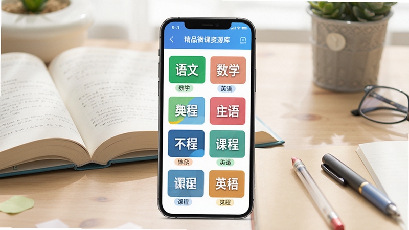 格鲁伯网络学堂精品微课资源库界面设计图,画面以手机竖屏形式呈现,屏幕上排列着不同学科的课程封面缩略图,包含语文、数学、英语等标签,背景为带有课本和文具的书桌场景,风格清新简洁,突显海量课程资源与便捷的移动学习体验。
