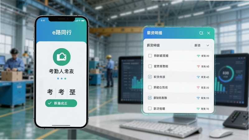 一张展示e路同行智能考勤与薪酬管理功能的插图,画面左侧为手机考勤打卡成功动画,右侧为薪资明细列表的悬浮窗,背景为工厂车间与办公电脑的模糊处理,整体采用蓝绿色调,突出数据可视化与自动化处理,风格现代科技感。
