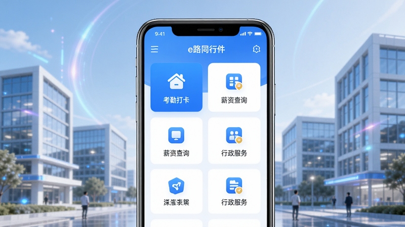 一幅展示e路同行软件主界面的高清数字插图,画面中央为智能手机屏幕特写,屏幕内清晰显示软件的功能模块图标如考勤打卡、薪资查询、行政服务等,背景为现代化的科技园区办公楼群与柔和光效,整体色调以蓝色和白色为主,风格简洁明亮,突出移动办公与高效协同的理念。