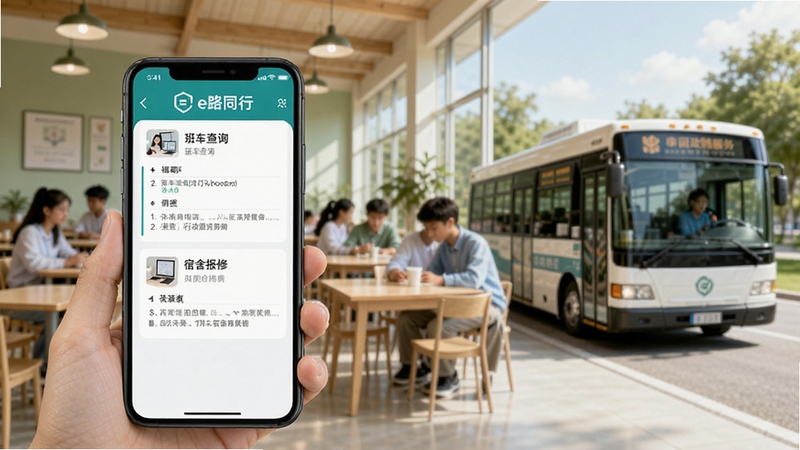 展示e路同行行政后勤服务功能的场景,画面中手机屏幕显示班车查询与宿舍报修界面,背景为整洁的园区食堂与通勤班车,色调清新自然,突出生活服务的便利性,风格写实且具有亲和力。
