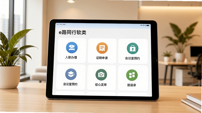 展示e路同行软件中一站式服务功能界面的场景,画面中一部平板电脑横屏显示服务分类列表,包括入职办理、证明申请、会议室预约等图标,背景是简约的现代办公室内景,绿植点缀,色调温暖明亮,强调便捷高效的服务体验,整体风格写实清晰。