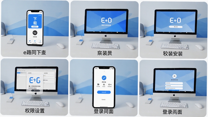 展示e路同行软件安装与使用教程的步骤图,画面分为多个小图板,分别展示下载、安装、权限设置、登录界面,背景为手机与电脑的桌面环境,色调为浅灰与蓝色,风格清晰条理,便于用户理解。