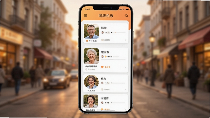 本地中年交友软件界面预览图,手机屏幕显示同城中年用户卡片列表,背景为模糊的城市街景,暖色调,人物头像清晰,界面简洁现代,突出真实社交氛围,竖屏构图,软件名称显示在屏幕上方,整体明亮温馨