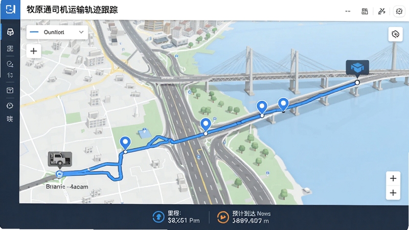 牧原通司机运输轨迹跟踪页面,地图上显示一条从起点到终点的完整行驶路线,带有途经点标记,底部显示里程与预计到达时间,界面简洁明了,背景为城市道路与桥梁,强调全程可视化监控,风格专业清晰