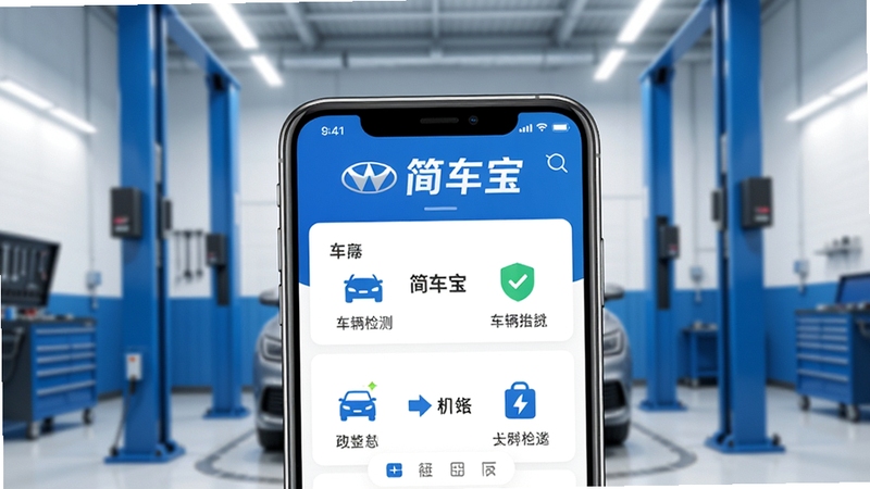 简车宝软件主界面预览图,展示车辆检测功能模块,画面中央为手机应用界面,上方显示车辆品牌标识与“简车宝”字样,背景为简约汽车维修工位,蓝白色调,高清,逼真。