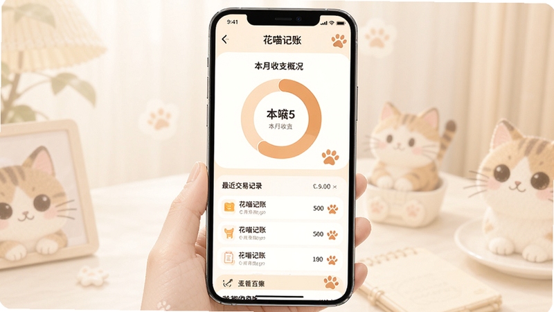 花喵记账主界面预览图,展示暖色调猫咪主题的记账首页,上方显示本月收支概况圆环图,下方是最近交易记录列表,界面简洁可爱,带有猫咪爪印装饰元素,整体风格清新明亮,竖屏手机截图样式