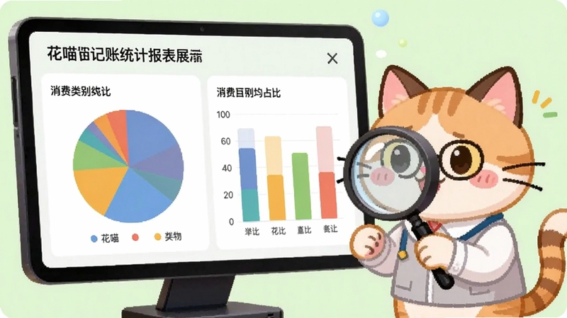 花喵记账统计报表功能展示,屏幕显示彩色饼图和条形图,展示不同消费类别占比,背景为淡绿色,旁边有猫咪拿着放大镜看报表的插画,整体风格专业又不失可爱