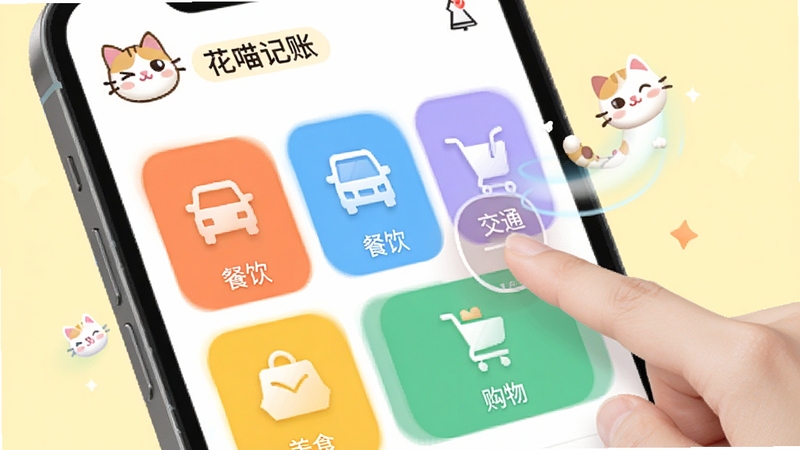 花喵记账智能分类功能展示图,手机屏幕上显示餐饮、交通、购物等彩色图标分类网格,用户正在点击“美食”分类,界面有可爱的猫咪图标和流畅的动画效果,背景为浅黄色,突出快速记账的便捷性