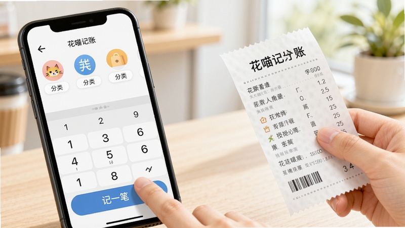 花喵记账使用教程示意图,展示用户手指点击“记一笔”按钮,手机屏幕弹出数字键盘和分类图标,另一只手拿着购物小票,场景明亮,强调简单易用的操作流程