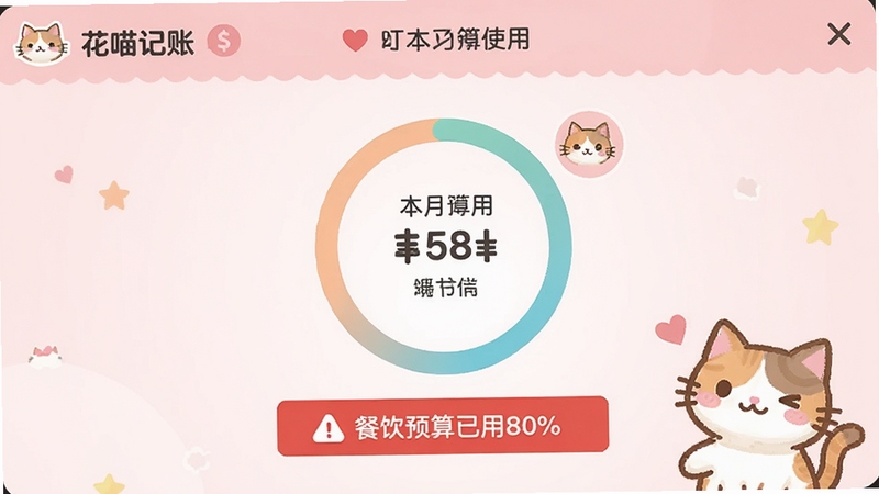 花喵记账预算管理界面预览,展示一个圆环进度条显示本月预算使用情况,下方有“餐饮预算已用80%”的警告文字,背景为柔和的粉色系,界面清晰易读,带有猫咪形象提示