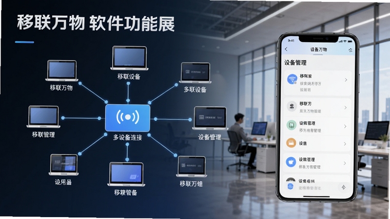 移联万物软件功能展示图,画面左侧为多设备连接拓扑图,右侧是手机操作界面,显示设备分组管理,背景为现代化办公室,色调明亮,突出移联万物连接管理特色。