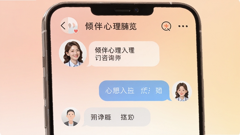 倾伴心理应用主界面预览图,展示手机屏幕上的温馨对话场景,背景为柔和渐变色,心理咨询师头像与用户对话框清晰可见,整体风格温暖治愈,突出专业与关怀并重的品牌形象。