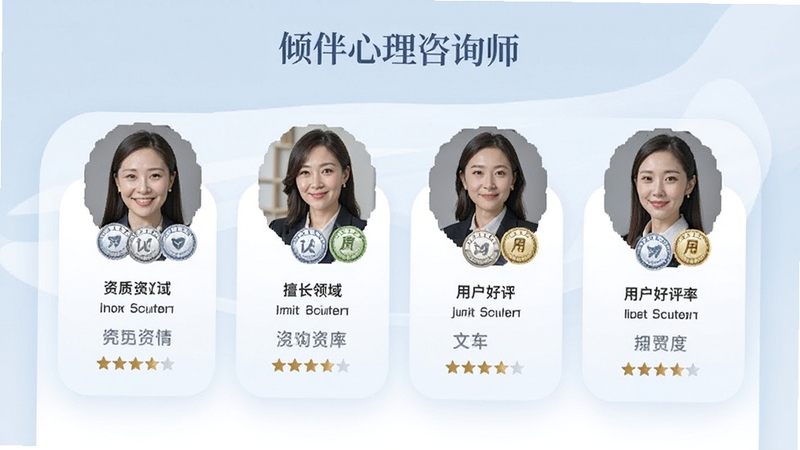 倾伴心理咨询师资料页面预览图,展示多位咨询师头像与资质认证标识,界面清晰列出擅长领域与用户好评率,背景采用淡雅蓝色调,强调专业性与可信度。
