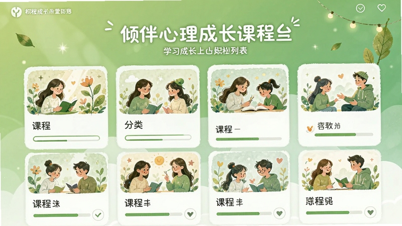倾伴心理成长课程列表页预览图,展示分类清晰的课程卡片,配有精美插画与进度条,背景为清新绿色系,突出学习成长与积极向上的平台氛围。