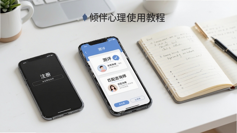 倾伴心理使用教程配图,展示手机操作界面步骤图,包含注册、测评、匹配咨询师等关键流程,背景为干净的工作台,配有手机与记事本,整体风格明亮清晰。