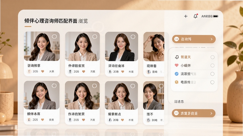 倾伴心理咨询师匹配界面预览图,展示多位咨询师卡片与筛选选项,界面设计简洁时尚,背景为暖色调,强调专业与暖心的服务体验。