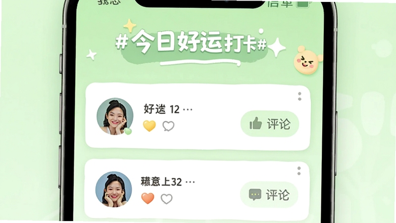 �Һ���app������������Ԥ������Ļ�Ϸ���ʾ�����ǩ#���պ��˴�#���·�Ϊ��Ƭʽ��Ϣ�������û�ͷ����������۰�ť������Ϊ����ɫϵ���������罻�������ɻ���