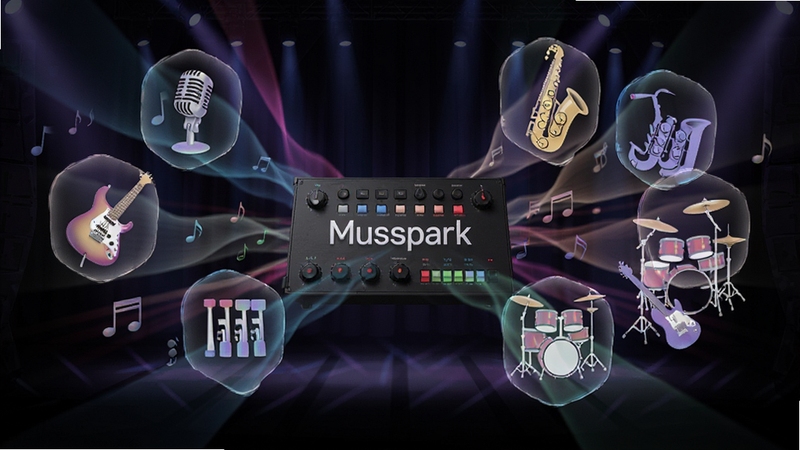 展示Musspark多风格伴奏与音色模拟功能的概念图,画面中央是Musspark设备,其周围辐射出多种音乐风格的图标,如麦克风(民谣)、电吉他(摇滚)、萨克斯(爵士)、鼓(流行)等,图标以半透明全息风格呈现,背景为深邃的舞台光效,彩色光束交错,象征丰富的音色与伴奏风格,整体视觉冲击力强