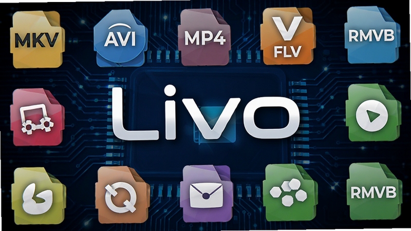 展示Livo软件解码多种视频格式的图标墙,中央为Livo字样,四周环绕MKV、AVI、MP4、FLV、RMVB等彩色格式图标,背景为科技感深蓝电路板纹理,光影层次分明,整体风格精致且富有科技感