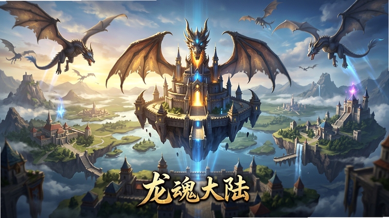 龙魂大陆游戏主城全景,画面中央是一座悬浮的龙形城堡,背景是广袤的魔法大陆与翱翔的巨龙,整体色调以金蓝为主,采用次世代写实风格,光影细腻,氛围宏大,突出游戏名称“龙魂大陆”