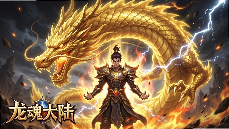 龙魂大陆角色觉醒龙魂的瞬间,角色背后浮现出巨大的金色龙影,鳞片细节清晰,周围环绕着火焰与闪电特效,画面充满力量感,游戏名称“龙魂大陆”Logo置于左下角