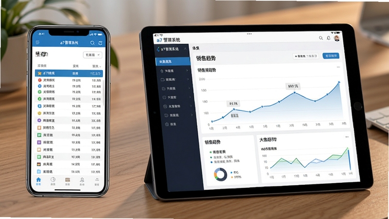 展示a7管理系统在手机端与平板电脑上的运行适配界面,画面左侧是手机显示库存报表列表,右侧是平板显示销售趋势大屏,背景为木纹办公桌面,整体光线柔和,强调多端数据同步与移动办公的便捷性,软件名称a7管理系统在屏幕状态栏清晰可见