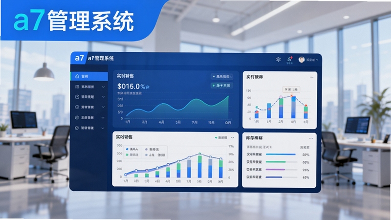 横版3D渲染风格的企业管理软件主界面预览图,画面中央是a7管理系统专属数据仪表盘,背景带有模糊的现代办公室环境,科技蓝为主色调,画面明亮通透,展示实时销售与库存图表,软件全称a7管理系统醒目地显示在界面左上角,整体氛围专业且富有活力