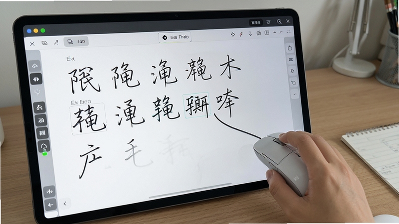 文通鼠标手写输入法全屏手写功能演示,鼠标在屏幕上连续书写多个汉字,识别结果实时显示,界面现代,书写轨迹清晰