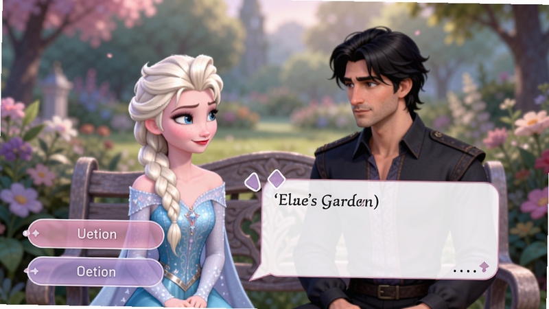Elsa's Garden剧情对话界面预览图,画面展示手机屏幕内艾莎与一位黑发男主角在花园长椅上交谈,背景虚化处理,对话气泡清晰可见,左下角有两个选项按钮,UI设计简洁优雅,色彩以粉紫色为主,突出浪漫氛围