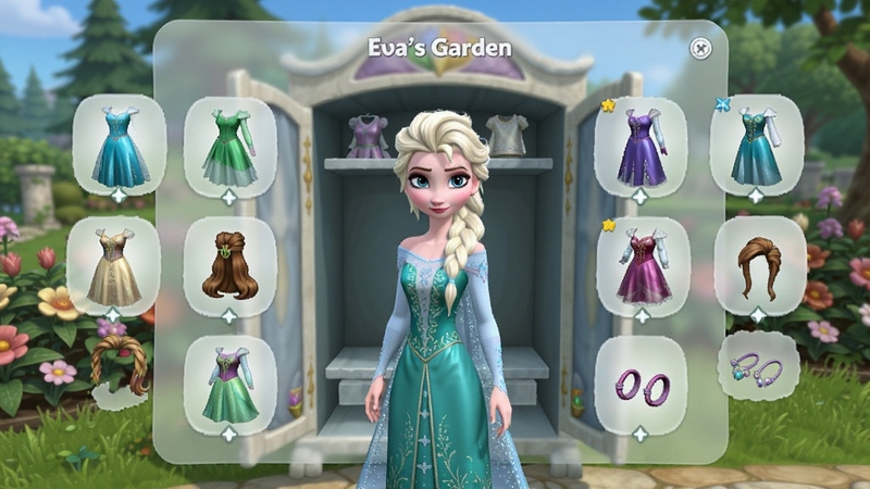 Elsa's Garden换装系统预览图,画面展示游戏内衣柜界面,艾莎站在中央,周围悬浮着多件不同风格的连衣裙、发型与配饰图标,界面采用半透明磨砂玻璃质感,背景是花园一角,色调明快,突出换装玩法