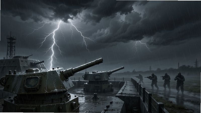 展示Bunker Defense动态天气效果,画面中基地上方乌云密布,闪电划破天空,雨点密集落下,部分炮塔表面泛起水光,远处有模糊的敌人轮廓正穿过雨幕逼近,整体色调灰暗,氛围压抑,体现恶劣环境下防守的艰难与紧张感。