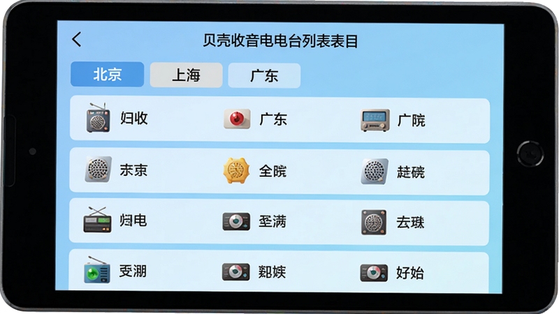 贝壳收音机电台列表页面,屏幕中显示按地区分类的电台目录,包含北京、上海、广东等标签,每个电台名称旁配有小图标,背景为浅蓝色渐变,列表清晰,画面简洁明快,突出软件的丰富资源与分类管理功能。