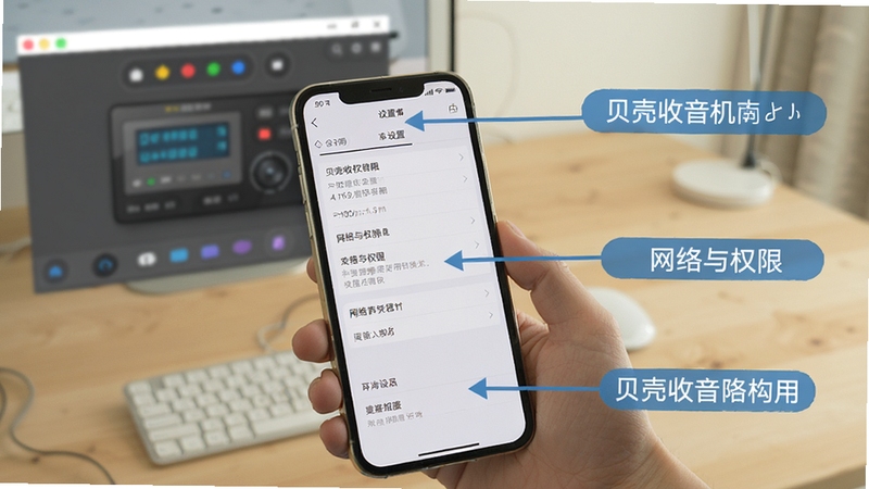 贝壳收音机使用指南示意图,画面中一部手机被手握着,屏幕上展示设置菜单中的网络与权限选项,背景为简洁的桌面场景,旁边有模拟器窗口虚化,画面清晰标注关键设置项,突出教程的实用性。