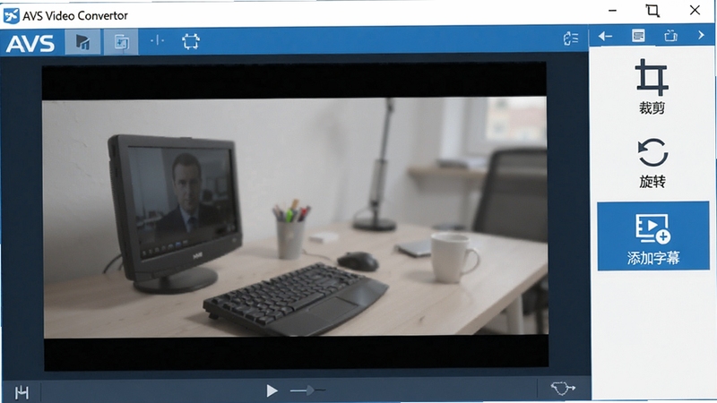 չʾAVS Video Converter���õ���Ƶ�༭���棬��ʾ��ƵԤ�����ڣ��Ҳ๤�������������š��ü�������ת����������Ļ��ͼ�꣬����һ��ͼ�괦�ڸ���ѡ��״̬����������������һ�£�������ɫ�����רҵ��