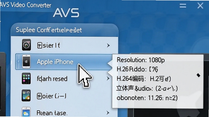 һ�Ź���AVS Video Converter��ʽԤ���Ľ���ֲ���д�������ͣ�ڡ�Apple iPhone��Ԥ���ϣ��Ҳ���ʾ��ϸ��������������ֱ���1080p��H.264���롢��������Ƶ�����汳��Ϊ����������ɫ�������������ɶ���дʵ���