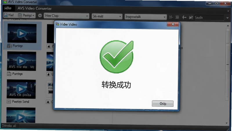 һ�ŵ�����Ļ��ͼ����ʾAVS Video Converterת����ɵ���ʾ���ڣ�������������ɫ�Թ�ͼ�꣬����ʾ��ת���ɹ�������������Ϊ���������棬�ز��б����м�����Ƶ�ļ���������ɾ�������дʵ���