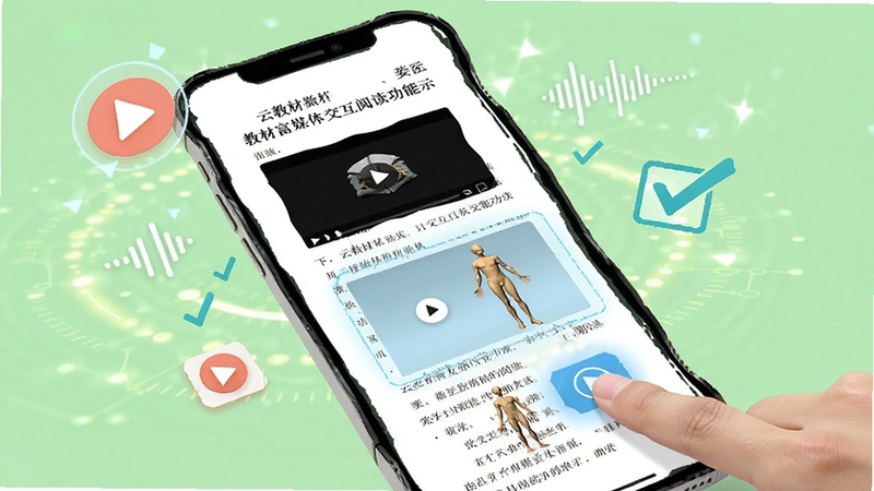 �ƽ̲ĸ�ý�彻���Ķ�����ʾ��ͼ��������һ�������ֻ�չʾ�̲�ҳ�棬���ֶ����Ƕ����Ƶ���Ŵ��ںͿ��϶���3D����ģ�ͣ���ָ���������ť����ΧƯ���Ų���ͼ�ꡢ��Ƶ���κͲ��鹴ѡ��ǣ�����Ϊǳ��ɫ�Ƽ��й�Ч�������������