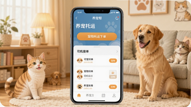 һ��չʾ������������Ĺ��ܵĳ���ͼ����������һ���ֻ���Ļ��ʾ�����APP�����棬�������������µ���ť��˾���ӵ��б�������Ϊ��ܰ�ĳ����ͥ��������è��ͼ��������ɫ��������ů��ͻ���������˷������⣬������������ͼЭ��