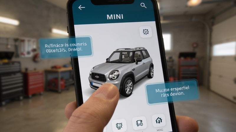 �����ֻ���Ļ��д����Ļ����ʾMINI��ʻָ��Ӧ�õ�3D����ģ�ͽ��棬��ָ���ڵ������ͼ�꣬��Χ���ֳ�����˵�����ֿ򣬱���Ϊģ�������ڳ��⻷����������ͣ�����������ͼƬ���Ϊ�ִ���ƽ��UI��ʵ�Ľ�ϣ�ǿ��Ӧ�ý�������