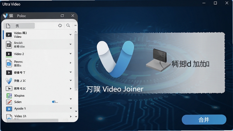 Ultra Video Joiner主界面预览图,画面中央显示软件Logo与视频文件拖拽添加区域,背景为深蓝色科技感渐变,界面布局清晰,包含文件列表与合并按钮,整体风格简洁专业,适配多媒体工具软件宣传场景。