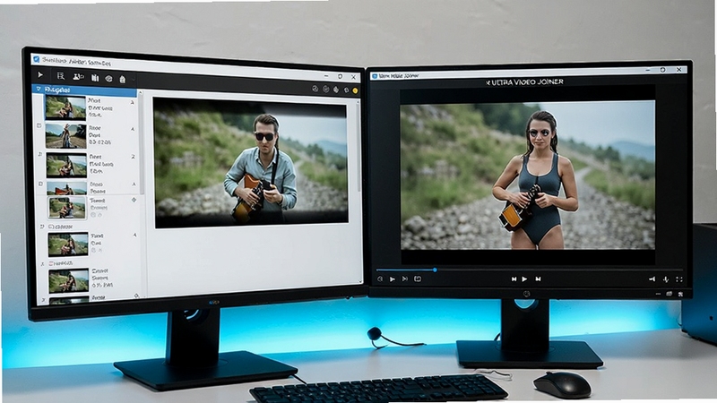 Ultra Video Joiner视频合并操作场景,电脑显示器上对比显示原始视频与合并后视频的画质细节,画面左侧为素材列表,右侧为播放预览窗口,整体色调明亮专业,强调画质无损特性。