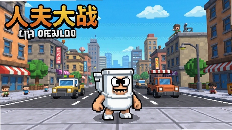 游戏主界面截图,展示马桶人大战:开放世界中的马桶人角色站在繁华的像素城市街道上,背景有各类建筑与载具,整体色调明亮,画面清晰,突出游戏名称与开放世界氛围