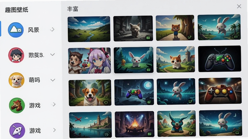 趣图壁纸软件分类界面,左侧显示分类列表如风景、动漫、萌宠、游戏等,右侧展示对应分类的壁纸网格缩略图,界面干净明亮,背景为浅灰色,分类图标为彩色圆形,整体风格清爽直观,体现资源的丰富与分类的细致。