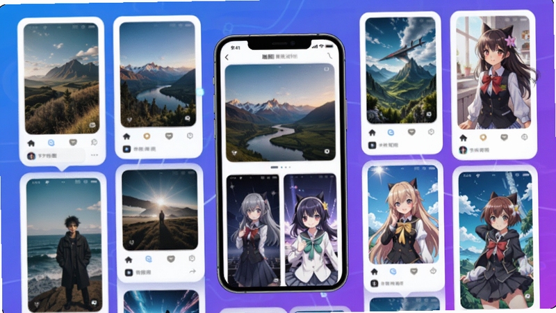 趣图壁纸应用主界面预览,展示瀑布流壁纸缩略图,背景为渐变蓝紫色科技感,图标圆润,画面中央有手机模型,屏幕内显示各类风景和动漫壁纸,光线明亮,细节丰富,整体风格现代简洁,突出软件的高清画质与丰富资源。