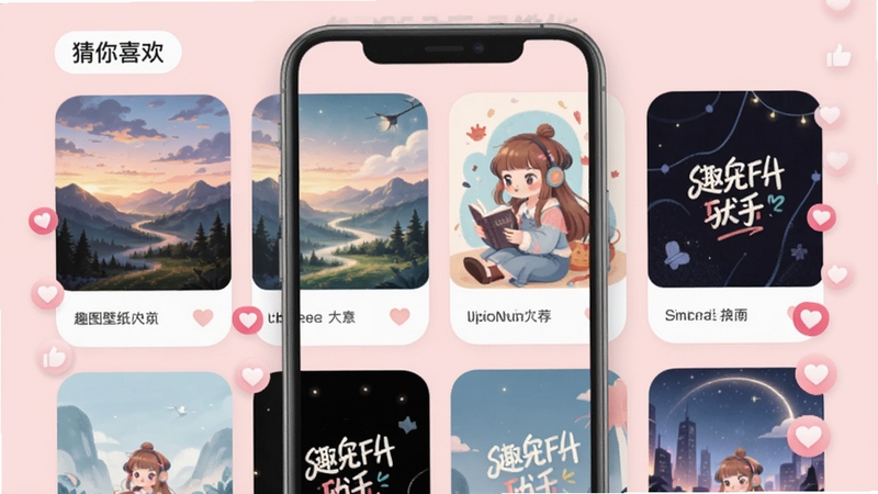 趣图壁纸智能推荐页面,顶部有“猜你喜欢”标签,下方为卡片式壁纸推荐流,图片风格多样,包括风景、插画、文字等,背景为淡粉色,界面柔和,卡片圆润,突出个性化推荐功能,画面中手机屏幕显示推荐壁纸,周围有爱心和点赞图标。