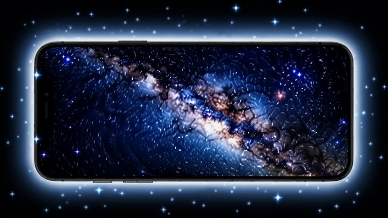 趣图壁纸动态壁纸展示,手机屏幕播放一段星空流动的动画,星星闪烁,银河旋转,背景深蓝色,画面充满科幻感,手机周围有光晕效果,突出动态壁纸的生动与炫酷。