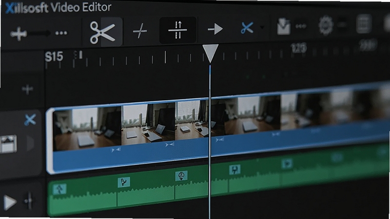 特写Xilisoft Video Editor时间线编辑界面,蓝色高亮显示被选中的视频片段,播放头位于中央,上方工具栏有剪刀图标与分割按钮,背景为暗色编辑器面板,轨道颜色区分明显,细节丰富。